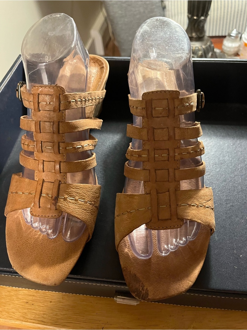 Clarks Tan Strappy Gladiator Slide Sandals